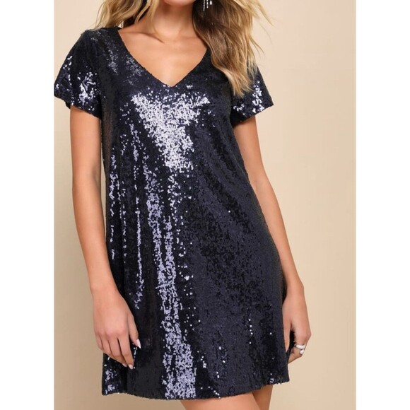 Lulu’s Light Up The Night Navy Women’s Sequin Shift Dress Size 1X Short Sleeve - Picture 1 of 16